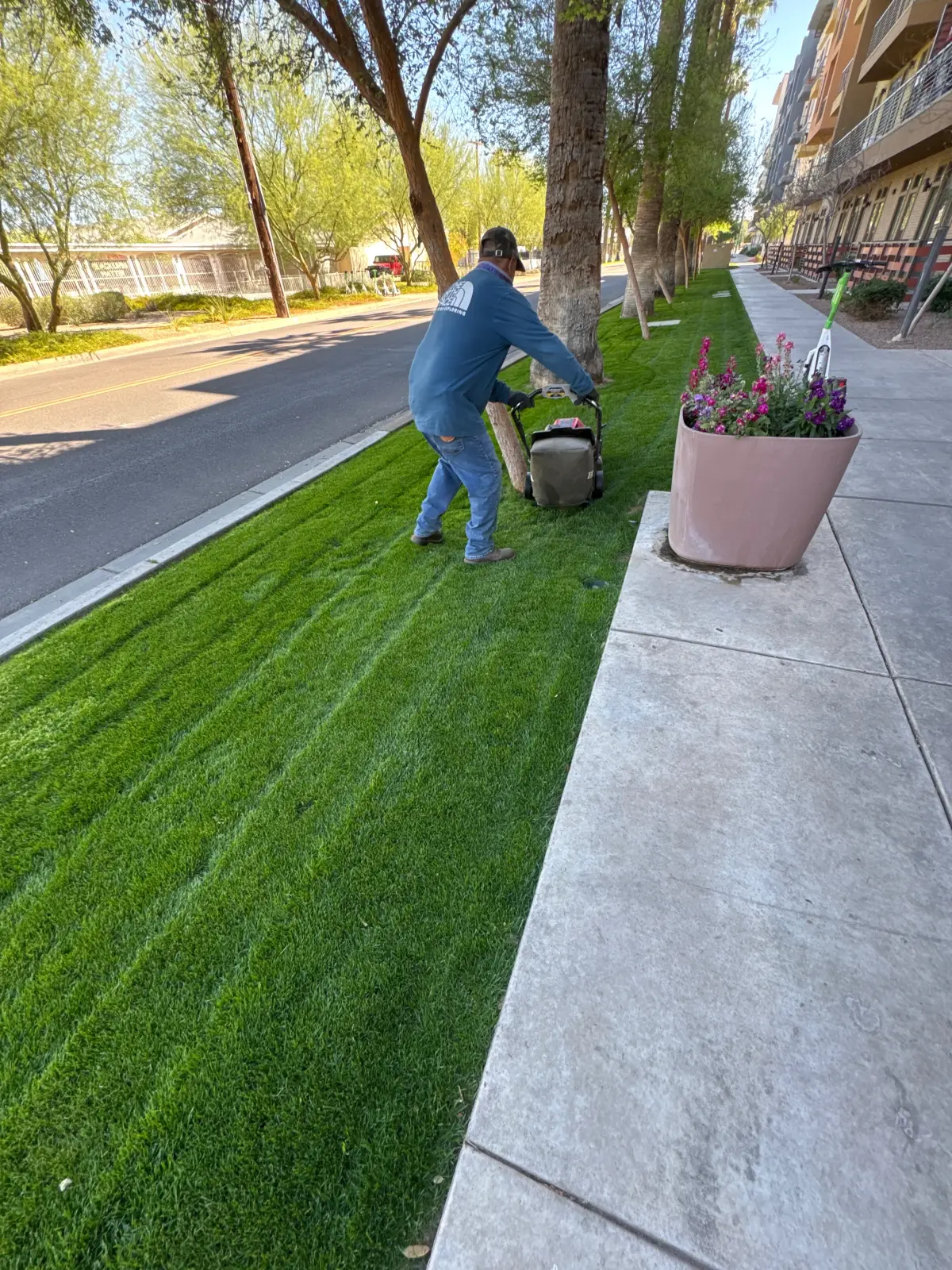 Crew member operating mowing equipment along a maintained turf corridor.